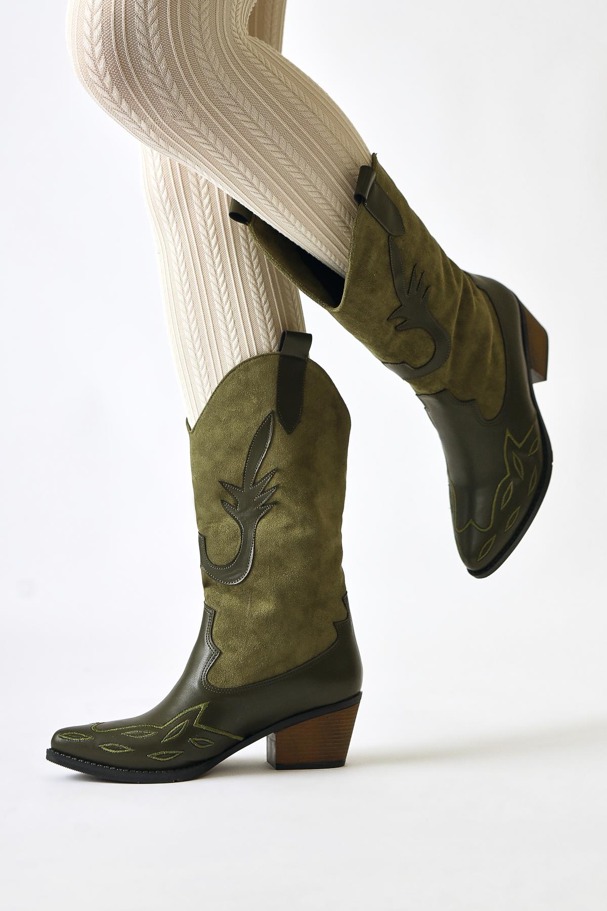 Maily Khaki Suede Detailed Embroidered Pointed Toe Western Boots