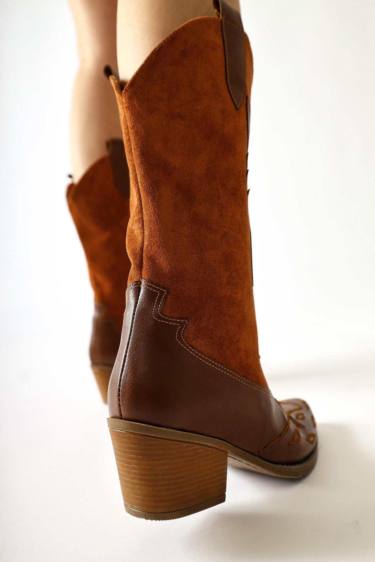 Maily Tan Suede Detailed Embroidered Pointed Toe Western Boots