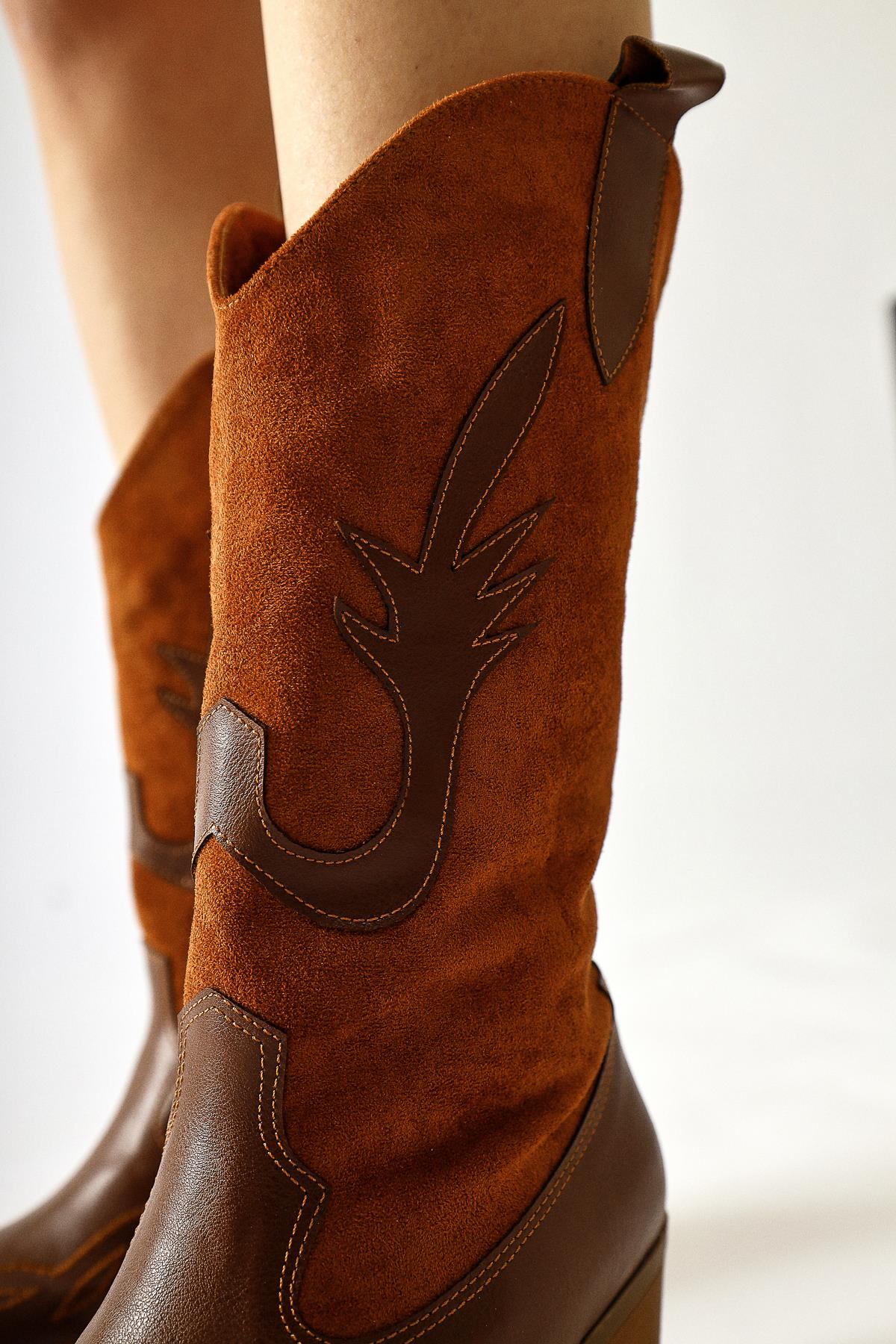 Maily Tan Suede Detailed Embroidered Pointed Toe Western Boots