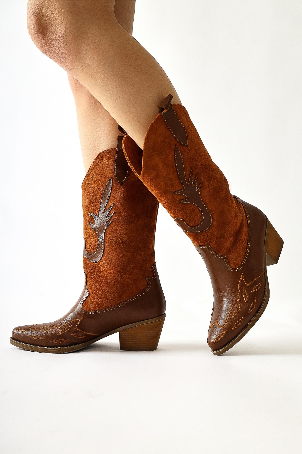 Maily Tan Suede Detailed Embroidered Pointed Toe Western Boots