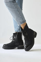 Maline Black Diving Fabric Patent Leather Detailed Thick Sole Boots