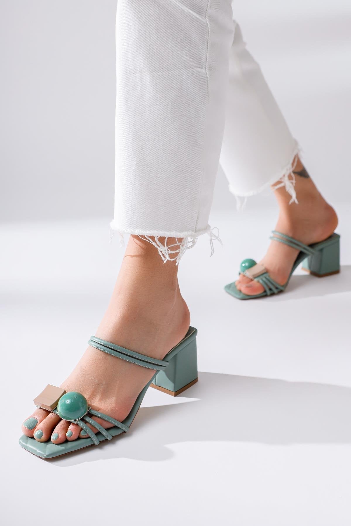 Marci Green Flat Toe Accessorized Heeled Slippers