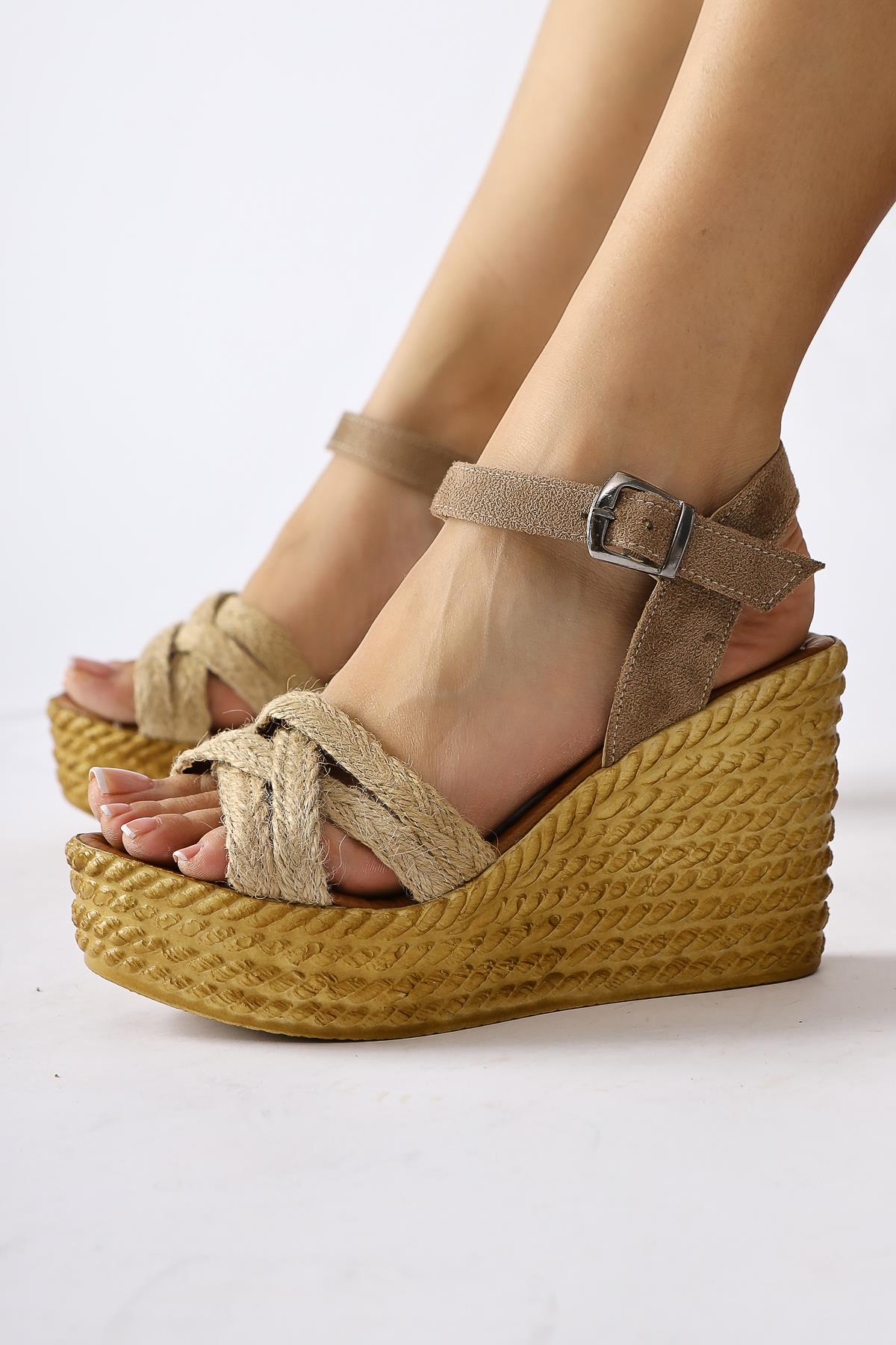 Margo Camel Hair Cross Strappy Wedge Heel Sandals