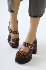 Marise Claret Red Patent Leather Oval Toe Platform Double Belt Accessory Casual Shoes