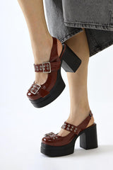 Marise Claret Red Patent Leather Oval Toe Platform Double Belt Accessory Casual Shoes