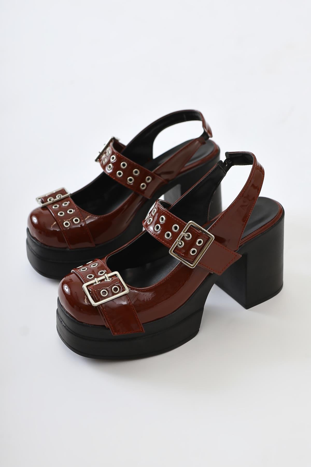 Marise Claret Red Patent Leather Oval Toe Platform Double Belt Accessory Casual Shoes