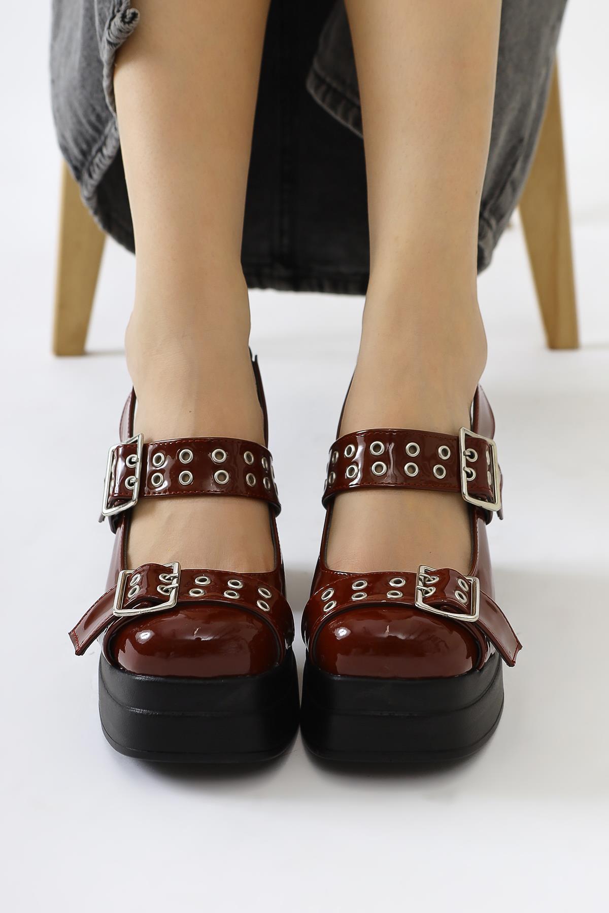 Marise Claret Red Patent Leather Oval Toe Platform Double Belt Accessory Casual Shoes