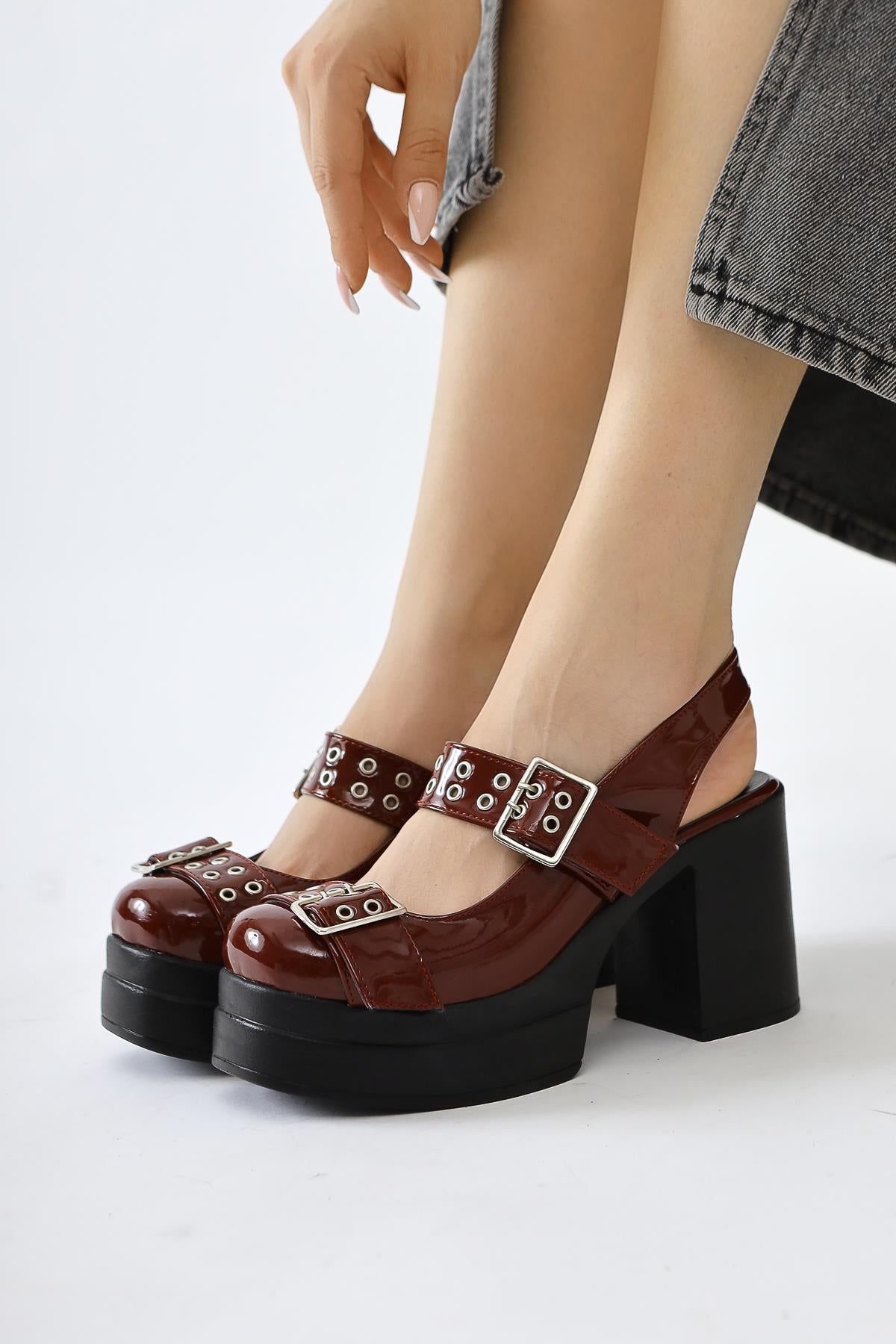 Marise Claret Red Patent Leather Oval Toe Platform Double Belt Accessory Casual Shoes