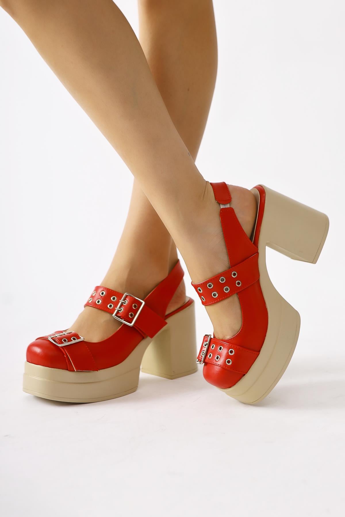 Marise Red Oval Toe Platform Double Belt Accessory Casual Shoes