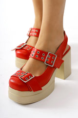 Marise Red Oval Toe Platform Double Belt Accessory Casual Shoes