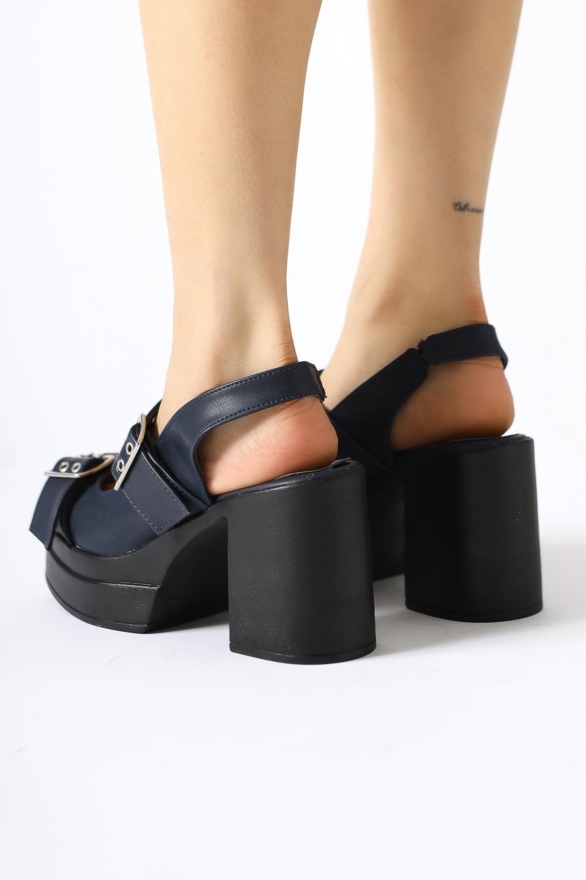 Marise Navy Blue Oval Toe Platform Double Belt Accessory Casual Shoes