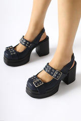 Marise Navy Blue Oval Toe Platform Double Belt Accessory Casual Shoes