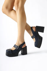 Marise Navy Blue Oval Toe Platform Double Belt Accessory Casual Shoes