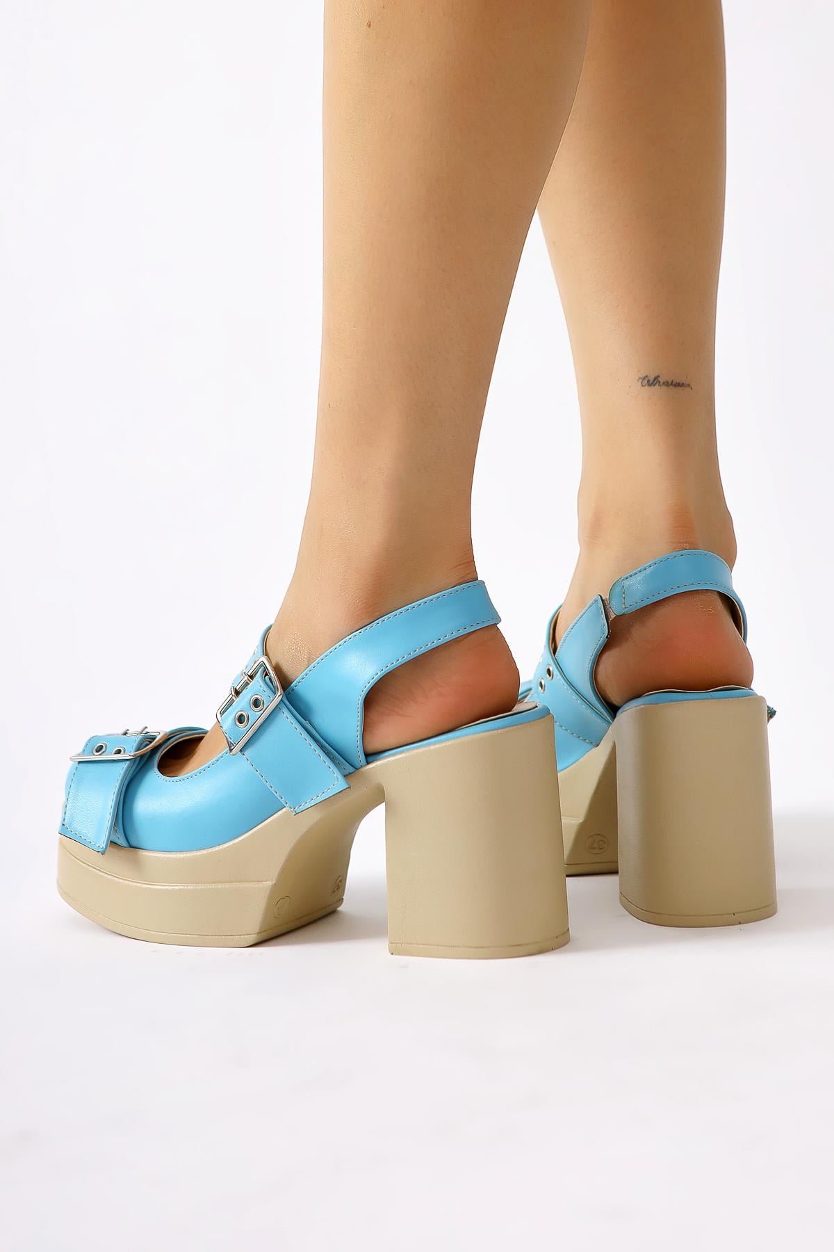 Marise Blue Oval Toe Platform Double Belt Accessory Casual Shoes