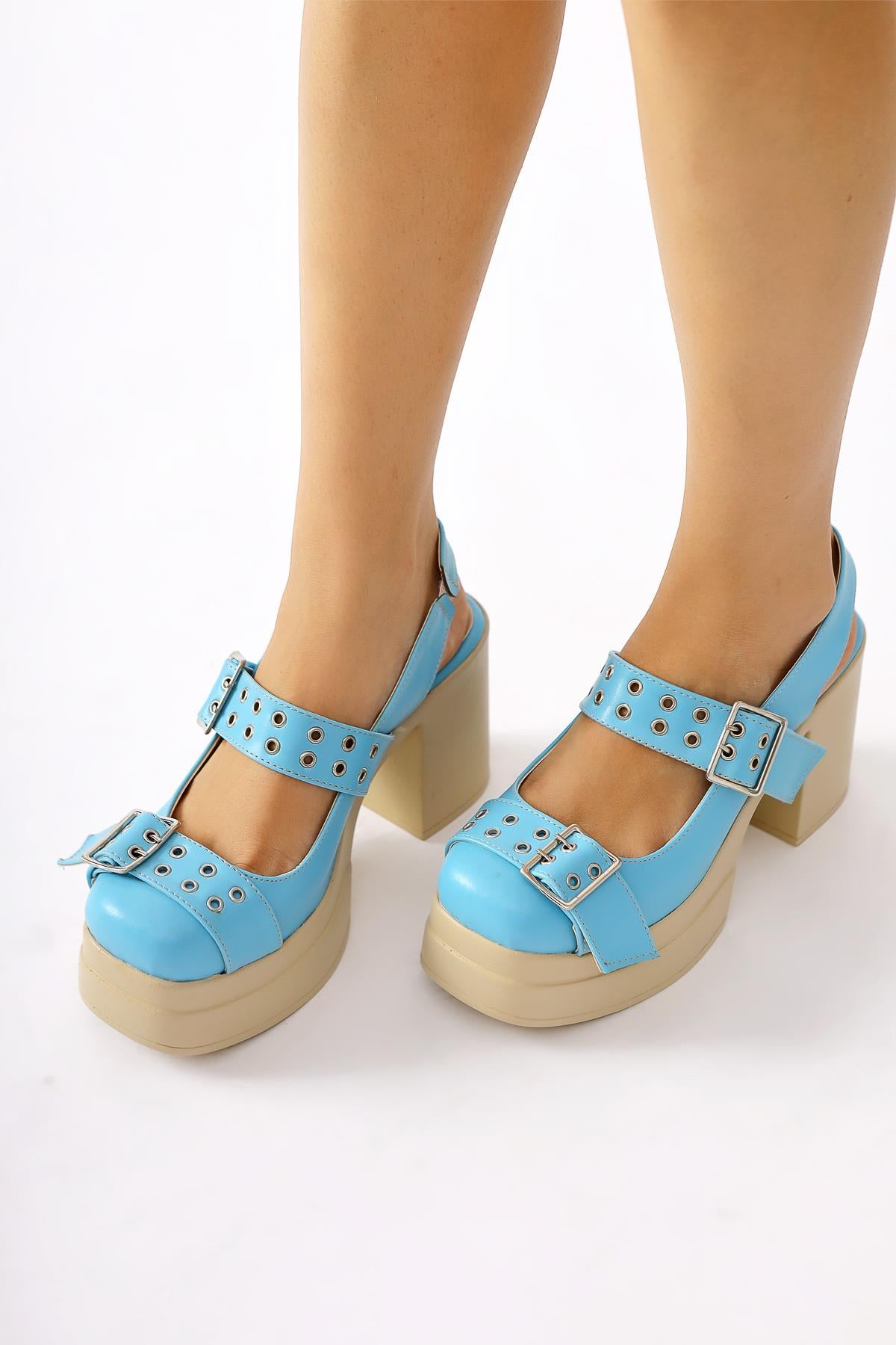 Marise Blue Oval Toe Platform Double Belt Accessory Casual Shoes