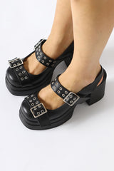 Marise Black Oval Toe Platform Double Belt Accessory Casual Shoes