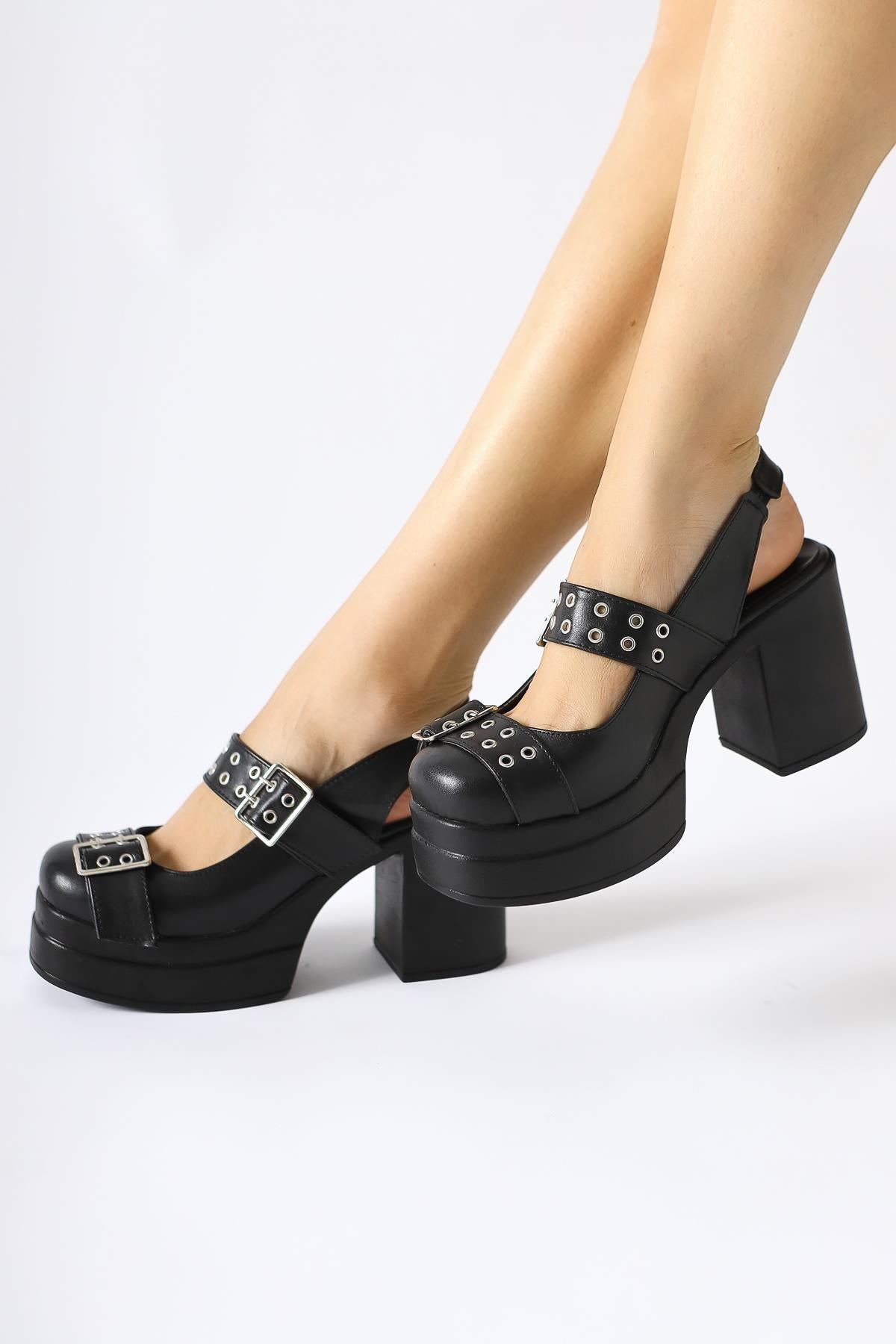 Marise Black Oval Toe Platform Double Belt Accessory Casual Shoes