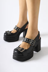 Marise Black Oval Toe Platform Double Belt Accessory Casual Shoes