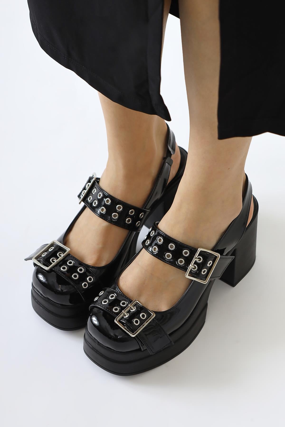 Marise Black Patent Leather Oval Toe Platform Double Belt Accessory Casual Shoes