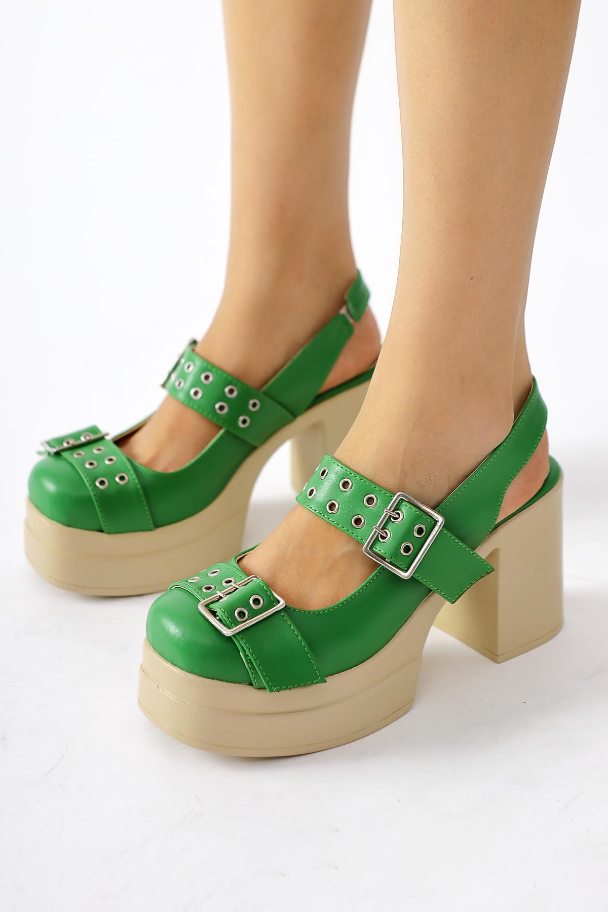 Marise Green Oval Toe Platform Double Belt Accessory Casual Shoes