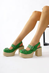 Marise Green Oval Toe Platform Double Belt Accessory Casual Shoes