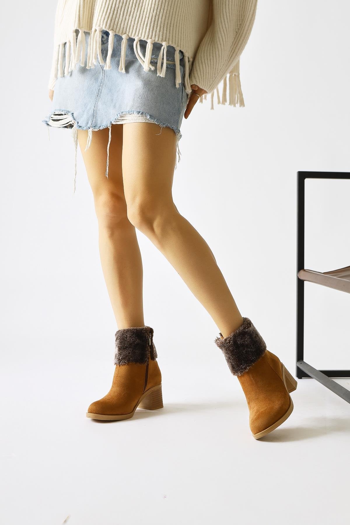 Marley Brown Suede Fur Detailed Zippered Boots