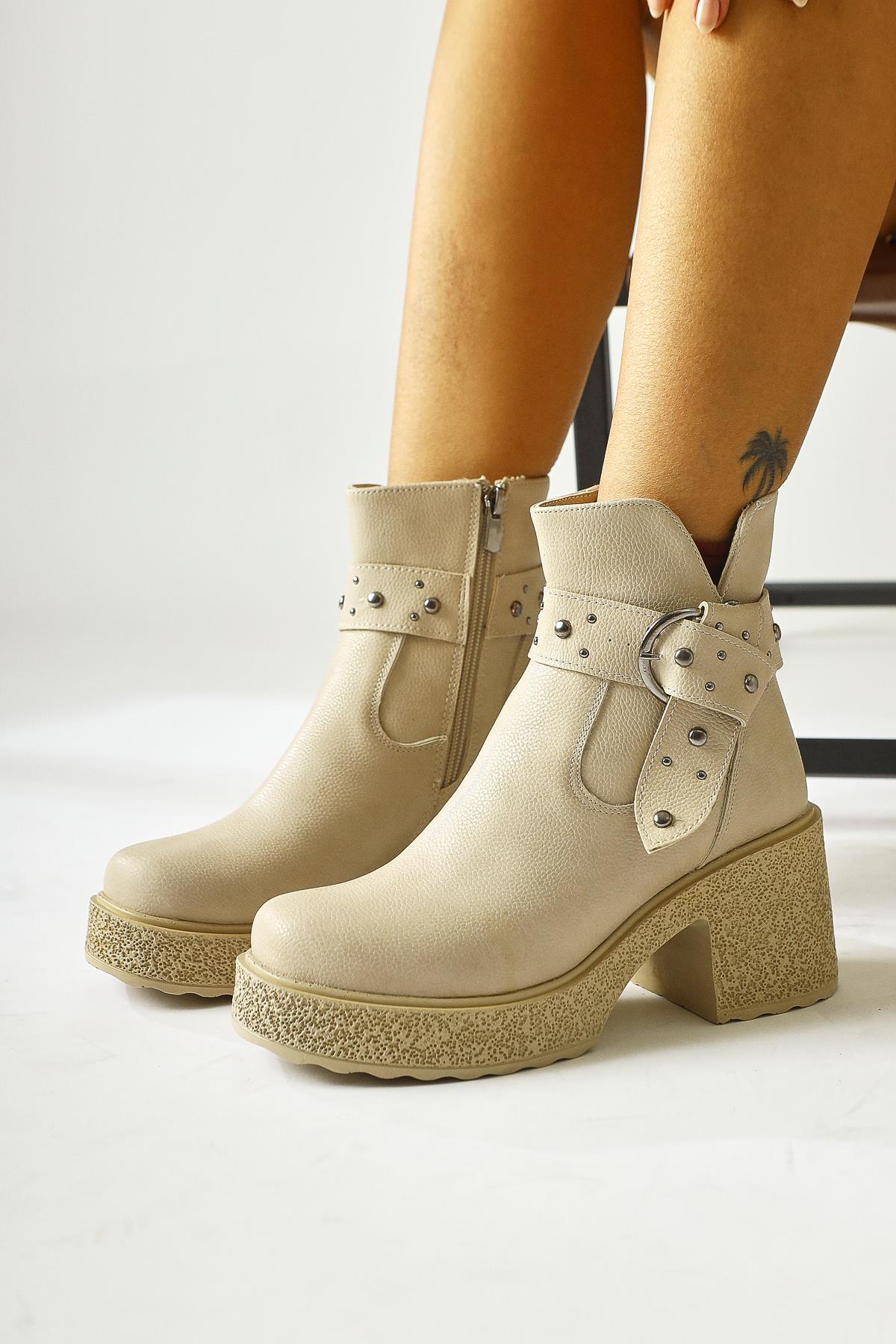 Maylin Beige Studded Belt Detailed Boots