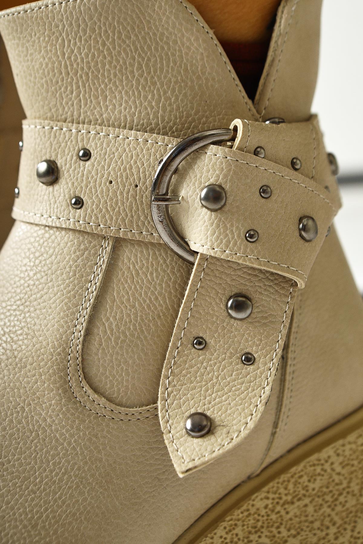 Maylin Beige Studded Belt Detailed Boots