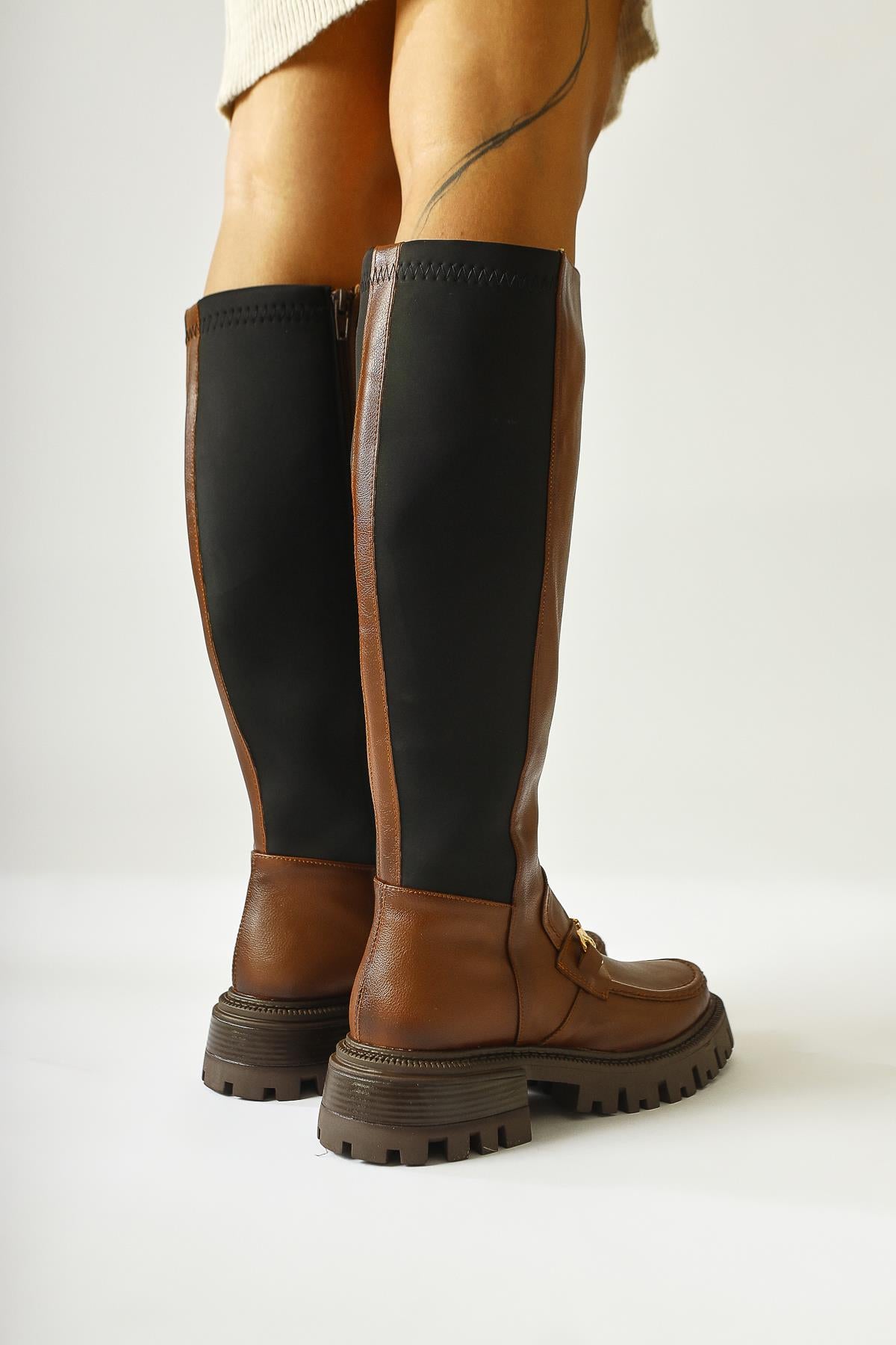 Meli Tan Buckle Detailed Diving Fabric Buckled Boots