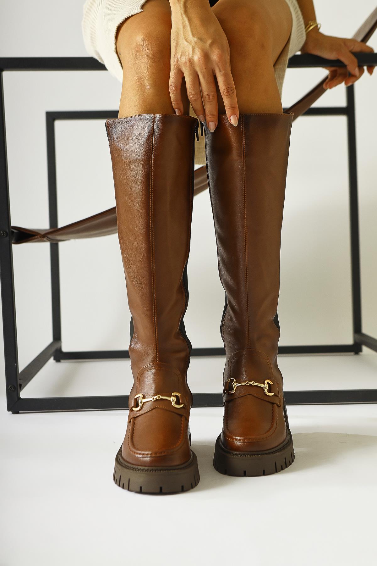 Meli Tan Buckle Detailed Diving Fabric Buckled Boots