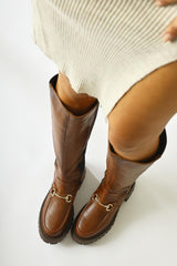 Meli Tan Buckle Detailed Diving Fabric Buckled Boots