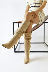 Merin Beige Suede Pointed Toe Thin Heeled Gusseted Boots