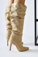 Merin Beige Suede Pointed Toe Thin Heeled Gusseted Boots