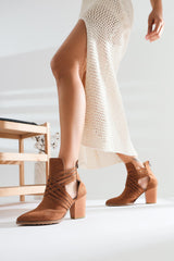 Merle Tan Pointed Toe Cross Strap Suede Summer Boots