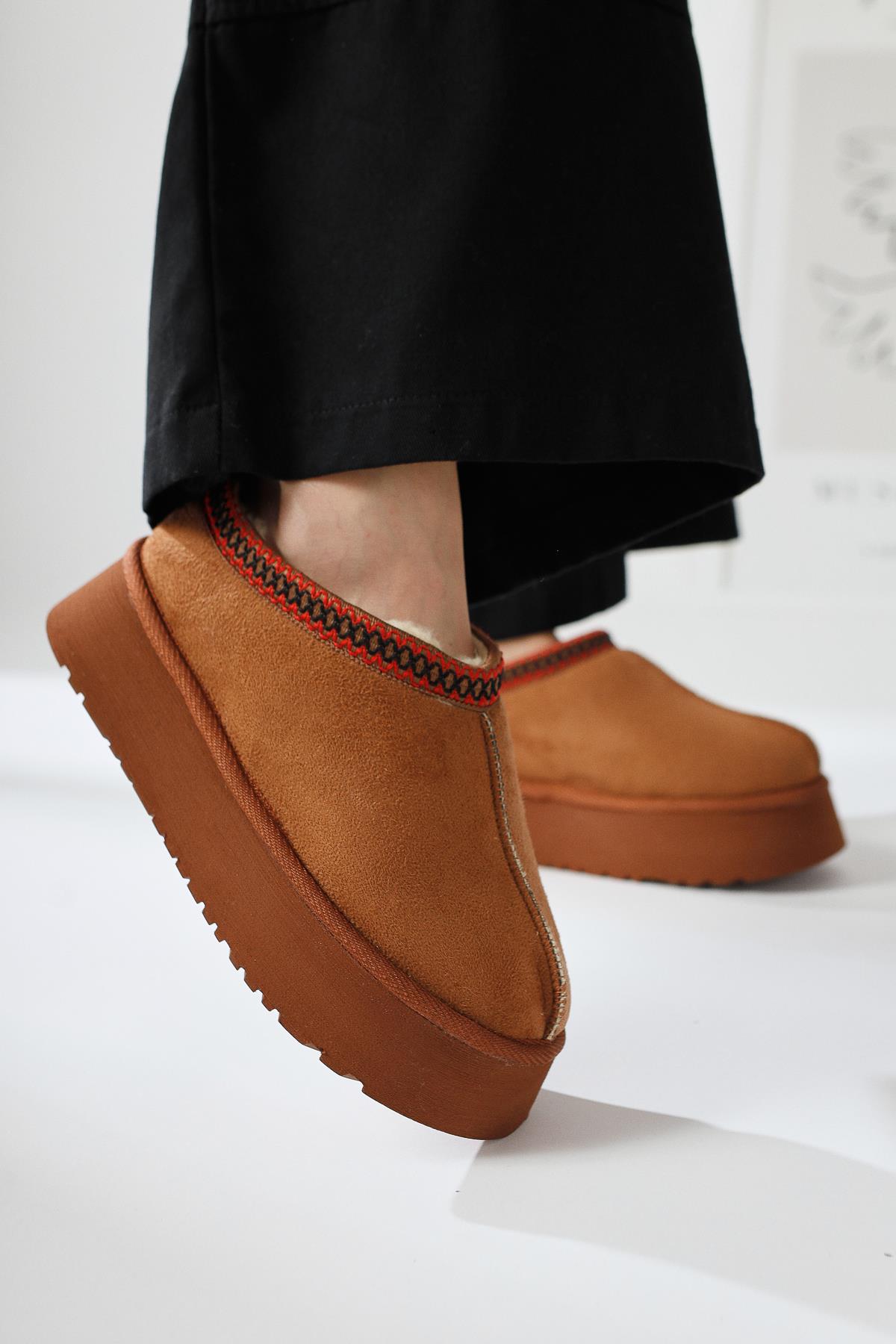 Mhy Brown Suede Thick Soled Winter Slippers