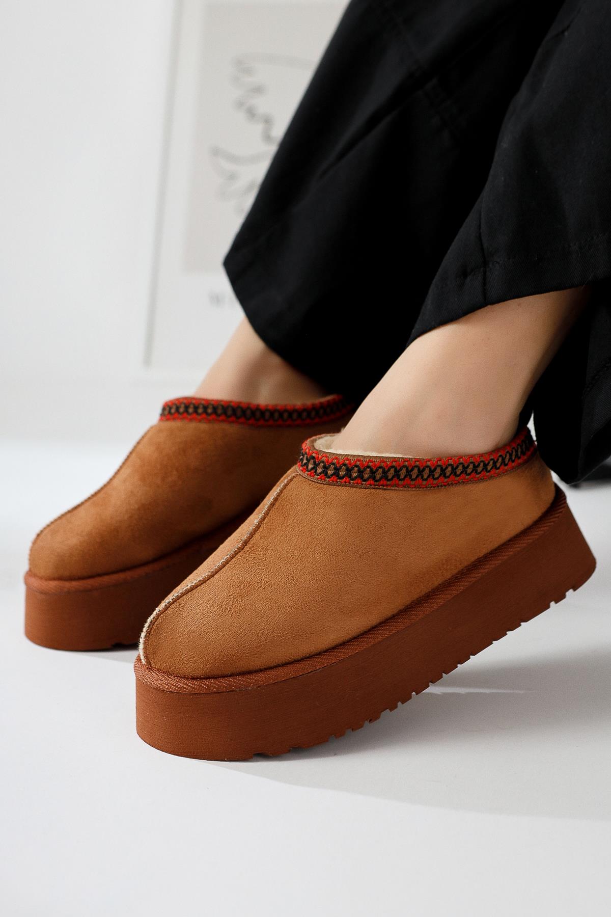 Mhy Brown Suede Thick Soled Winter Slippers