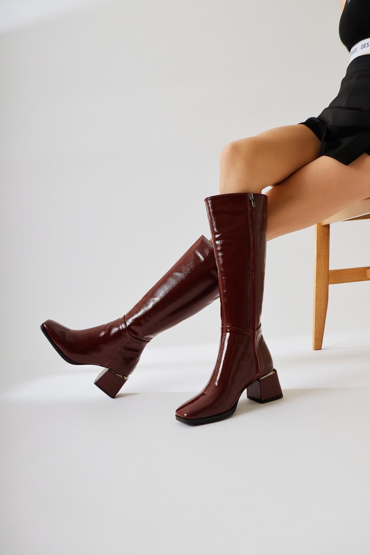 Miami Claret Red Creased Patent Leather Flat Toe Boots