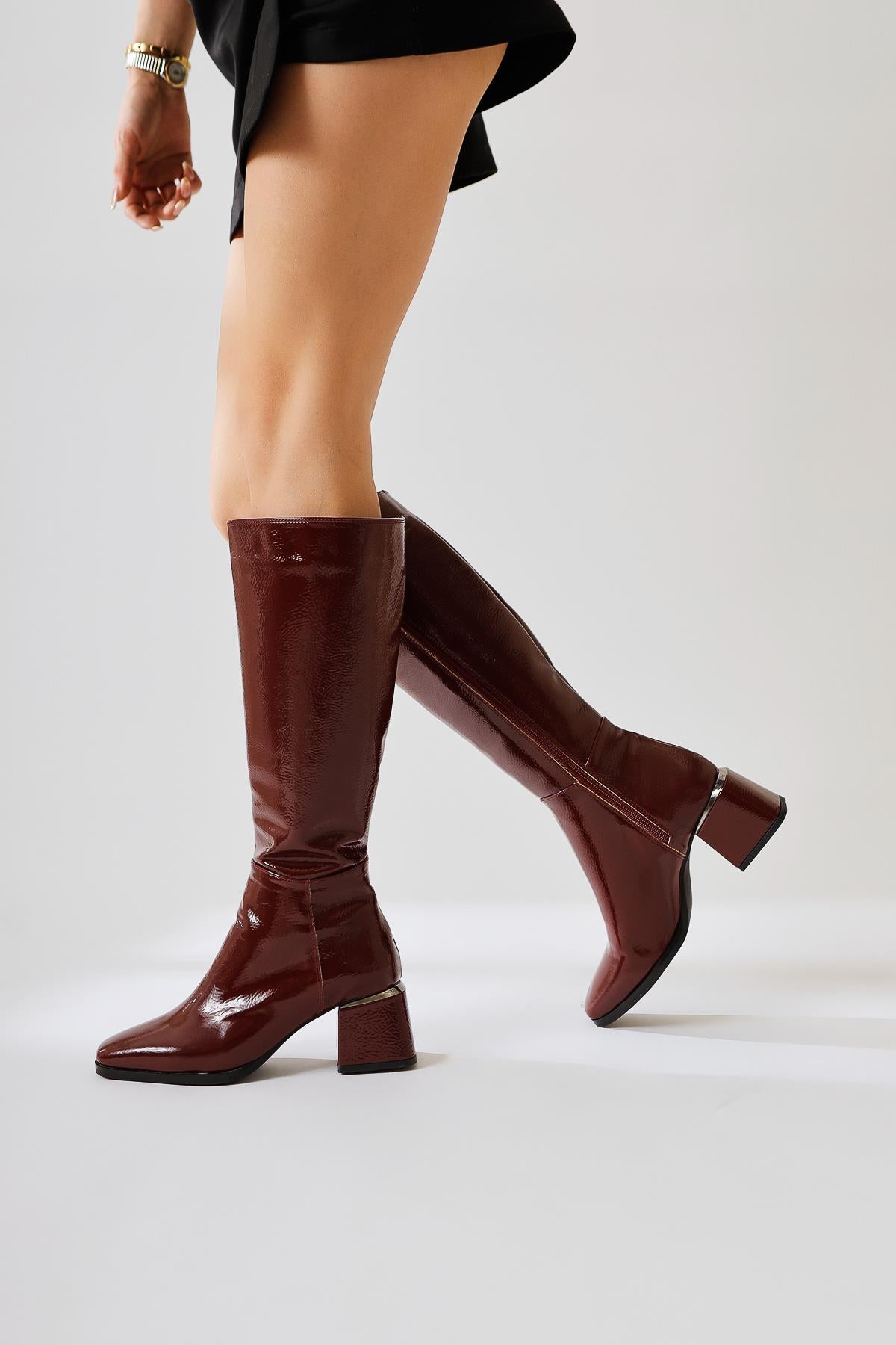 Miami Claret Red Creased Patent Leather Flat Toe Boots