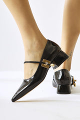 Micha Black Patent Leather Pointed Toe Single Band Buckle Detailed Short Heeled Casual Shoes