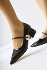 Micha Black Patent Leather Pointed Toe Single Band Buckle Detailed Short Heeled Casual Shoes