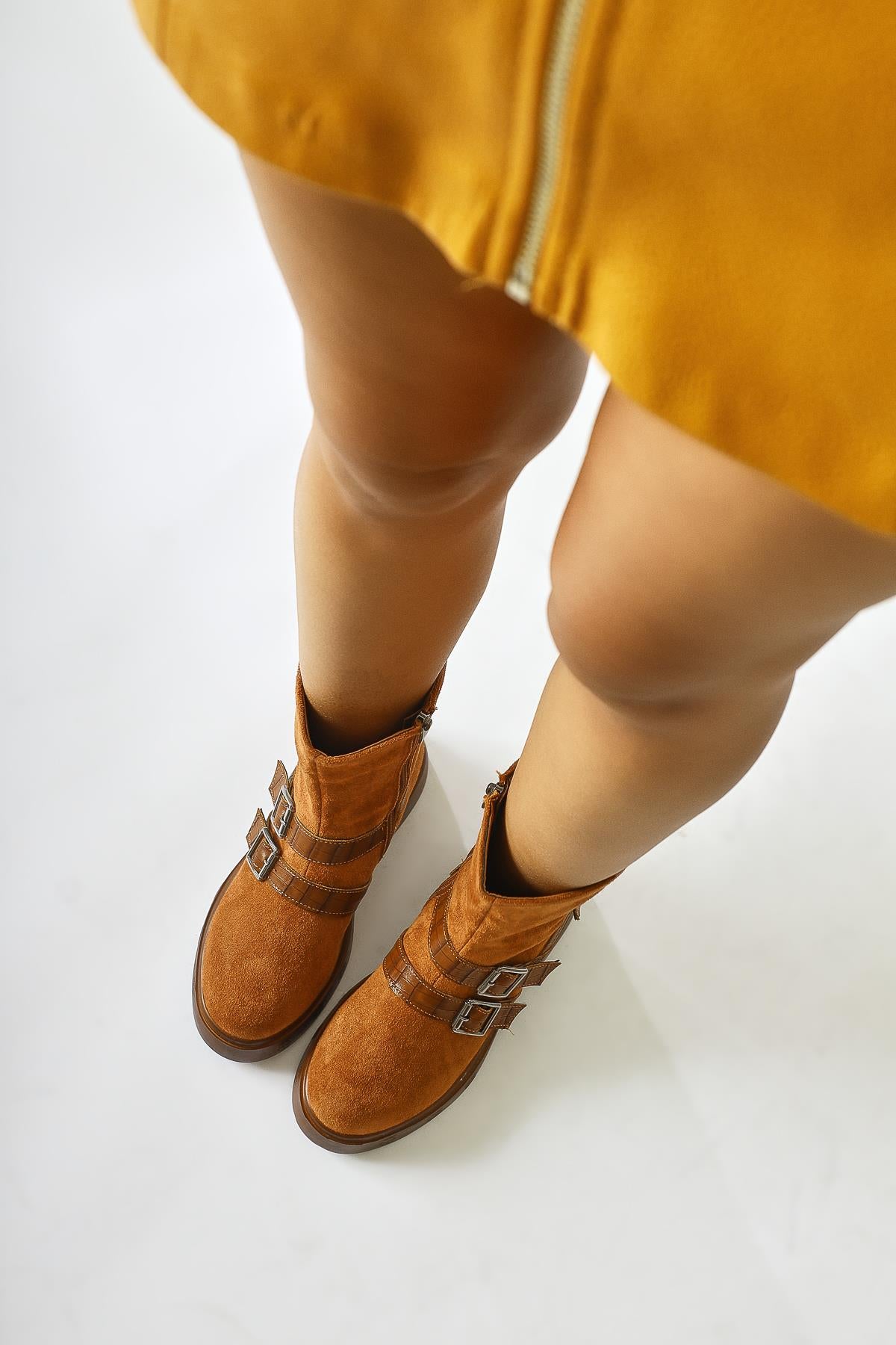 Mieke Tan Suede Double Belt Zipper Boots