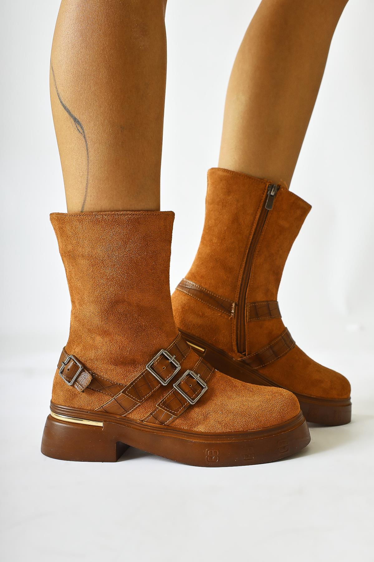 Mieke Tan Suede Double Belt Zipper Boots