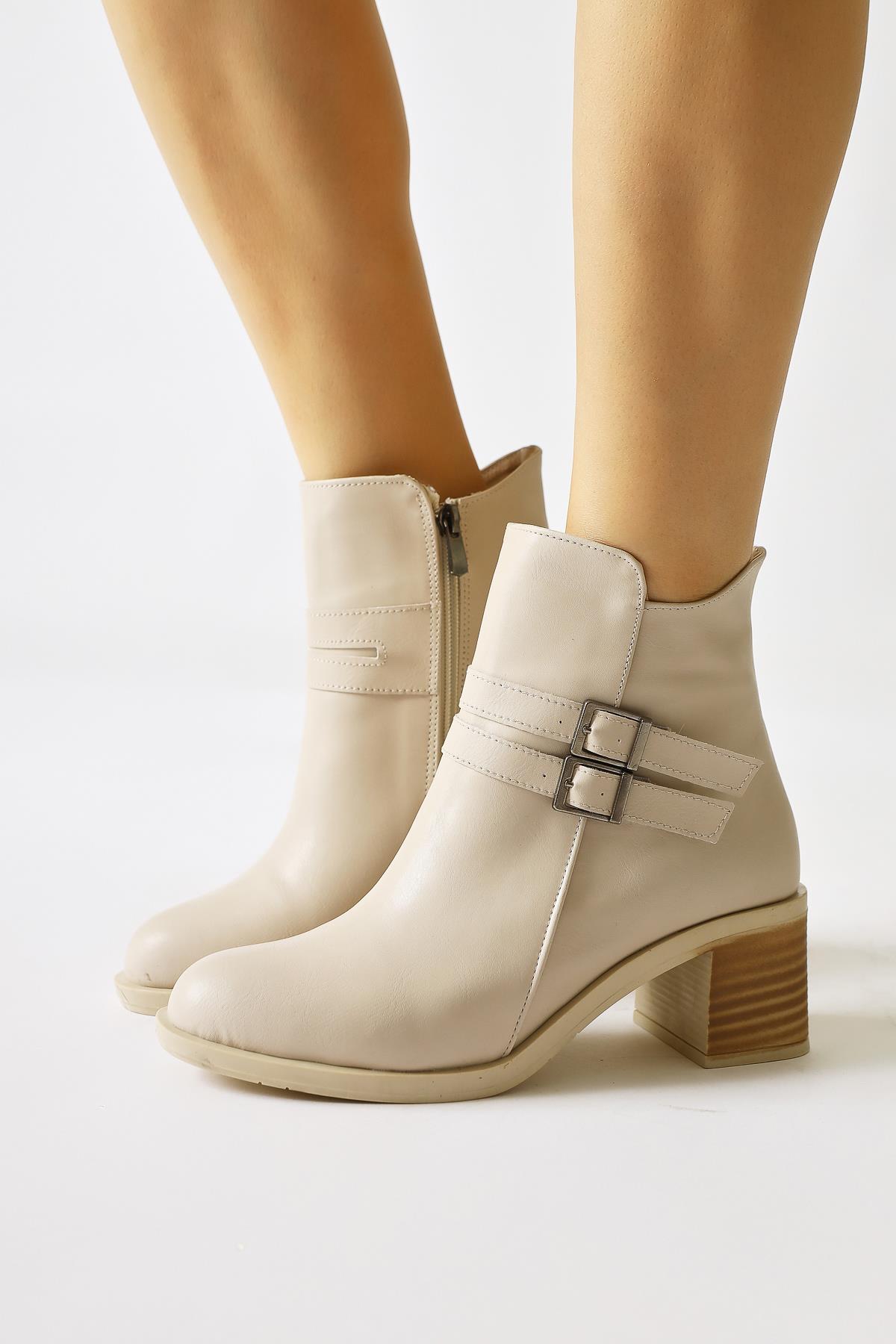 Milenka Cream Double Belt Detailed Oval Toe Boots