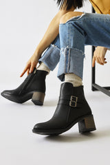 Milenka Black Double Belt Detailed Oval Toe Boots