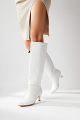 Milika White Pointed Toe Low Heel Pull-On Boots