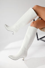 Milika White Pointed Toe Low Heel Pull-On Boots