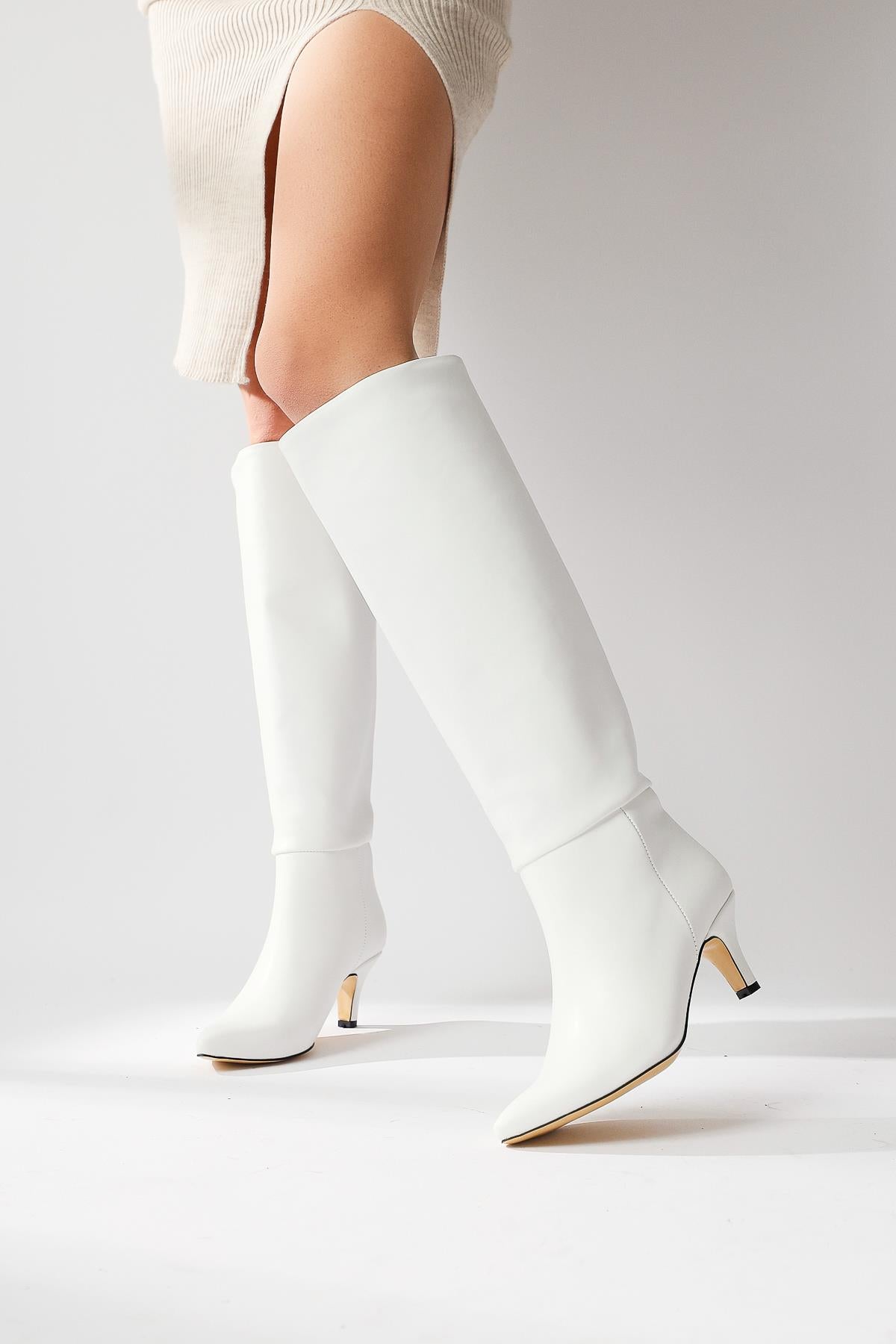 Milika White Pointed Toe Low Heel Pull-On Boots