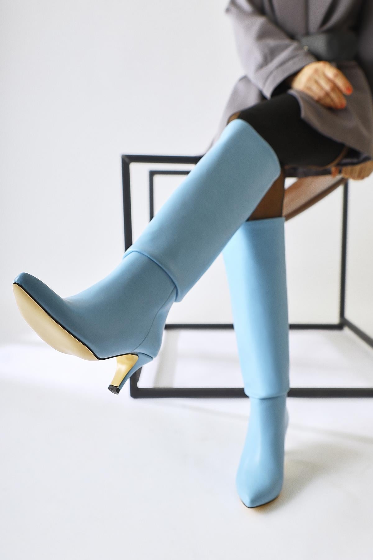 Milika Blue Pointed Toe Low Heel Pull-On Boots