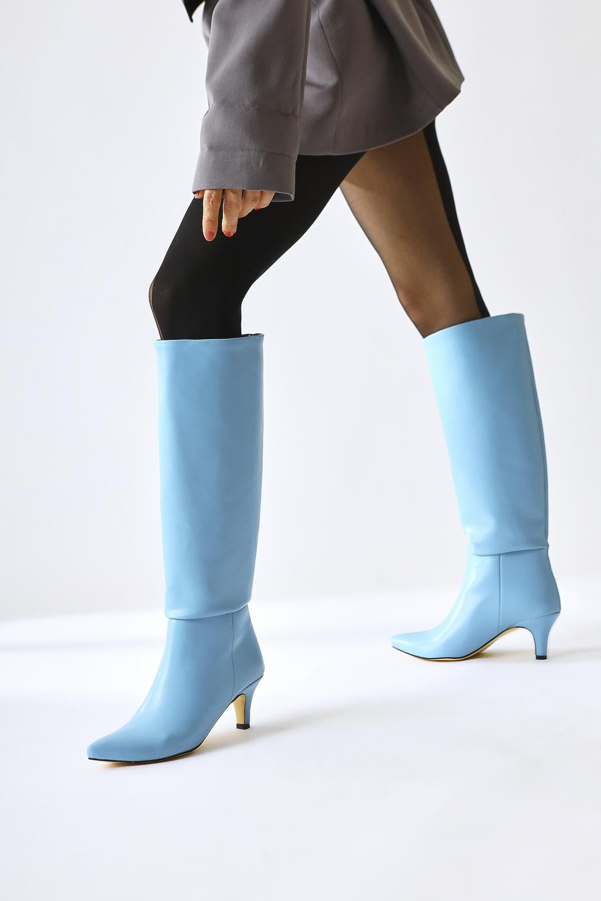 Milika Blue Pointed Toe Low Heel Pull-On Boots