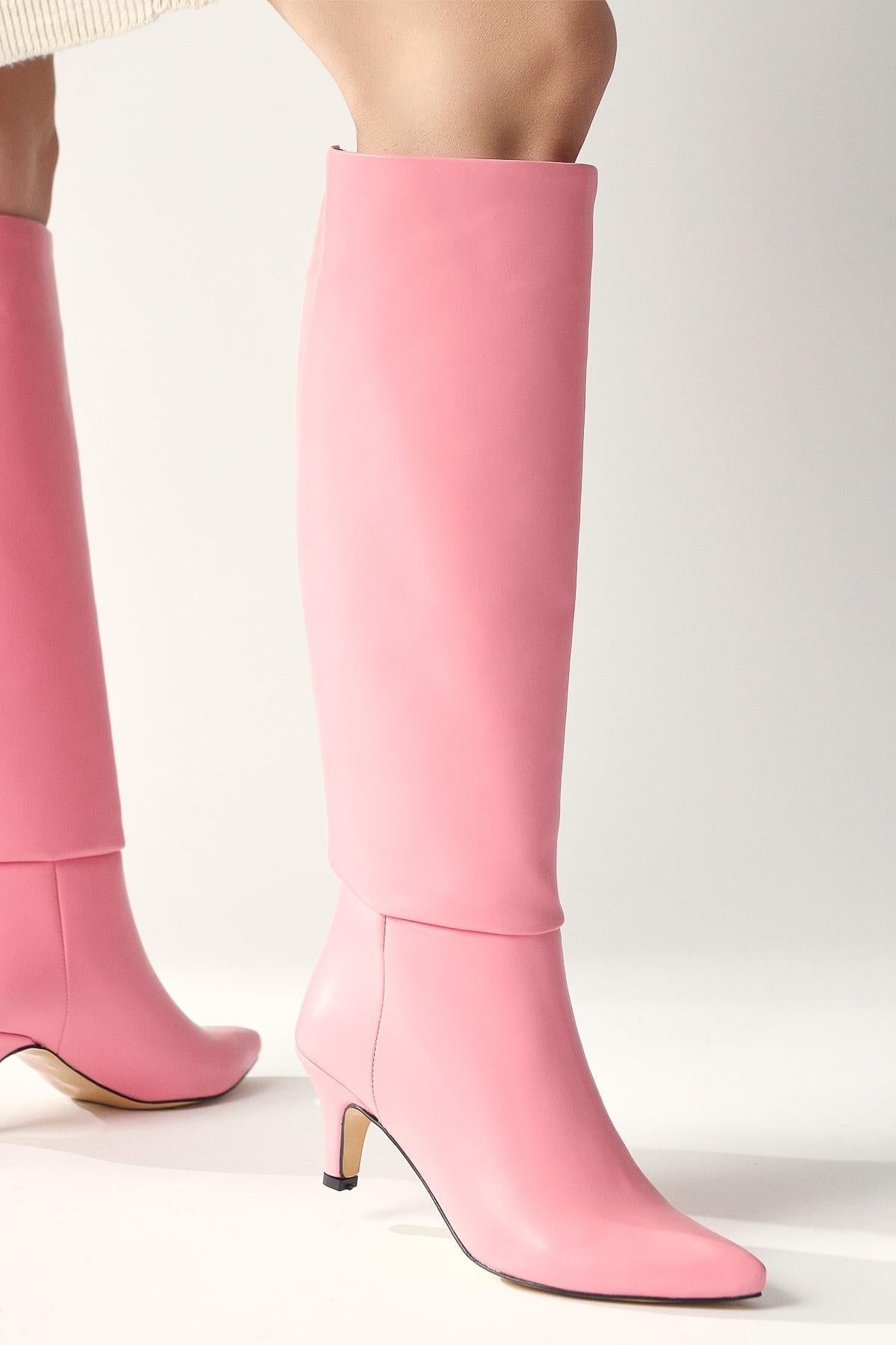 Milika Pink Pointed Toe Low Heel Pull On Boots